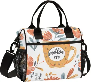 Spring Floral Tea Cup Coffee Lunch Bag Women Cooler Bags Lunch Tote Bags for Men Reusable Insulated Lunch Box Crossbody with Shoulder Strap Leakproof Work Picnic S