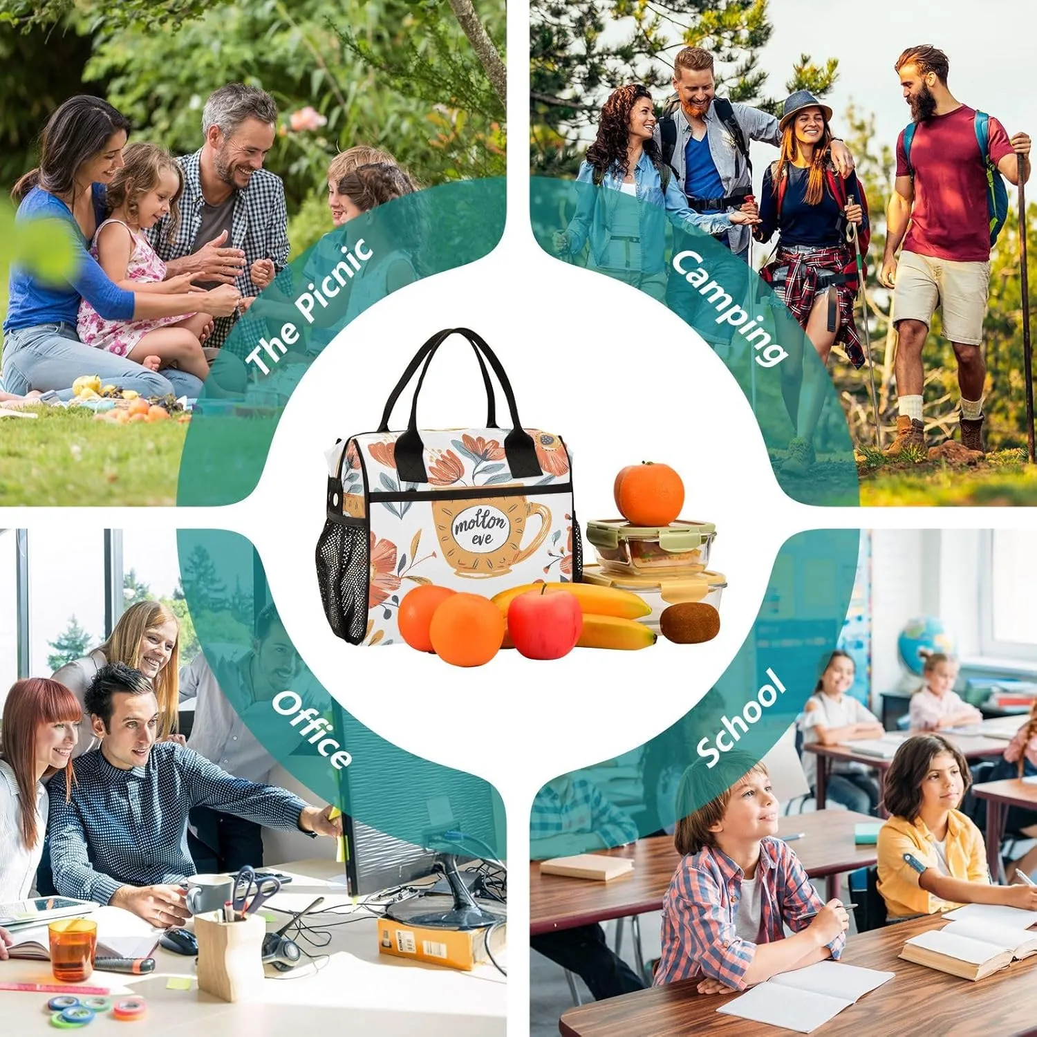 Spring Floral Tea Cup Coffee Lunch Bag Women Cooler Bags Lunch Tote Bags for Men Reusable Insulated Lunch Box Crossbody with Shoulder Strap Leakproof Work Picnic S