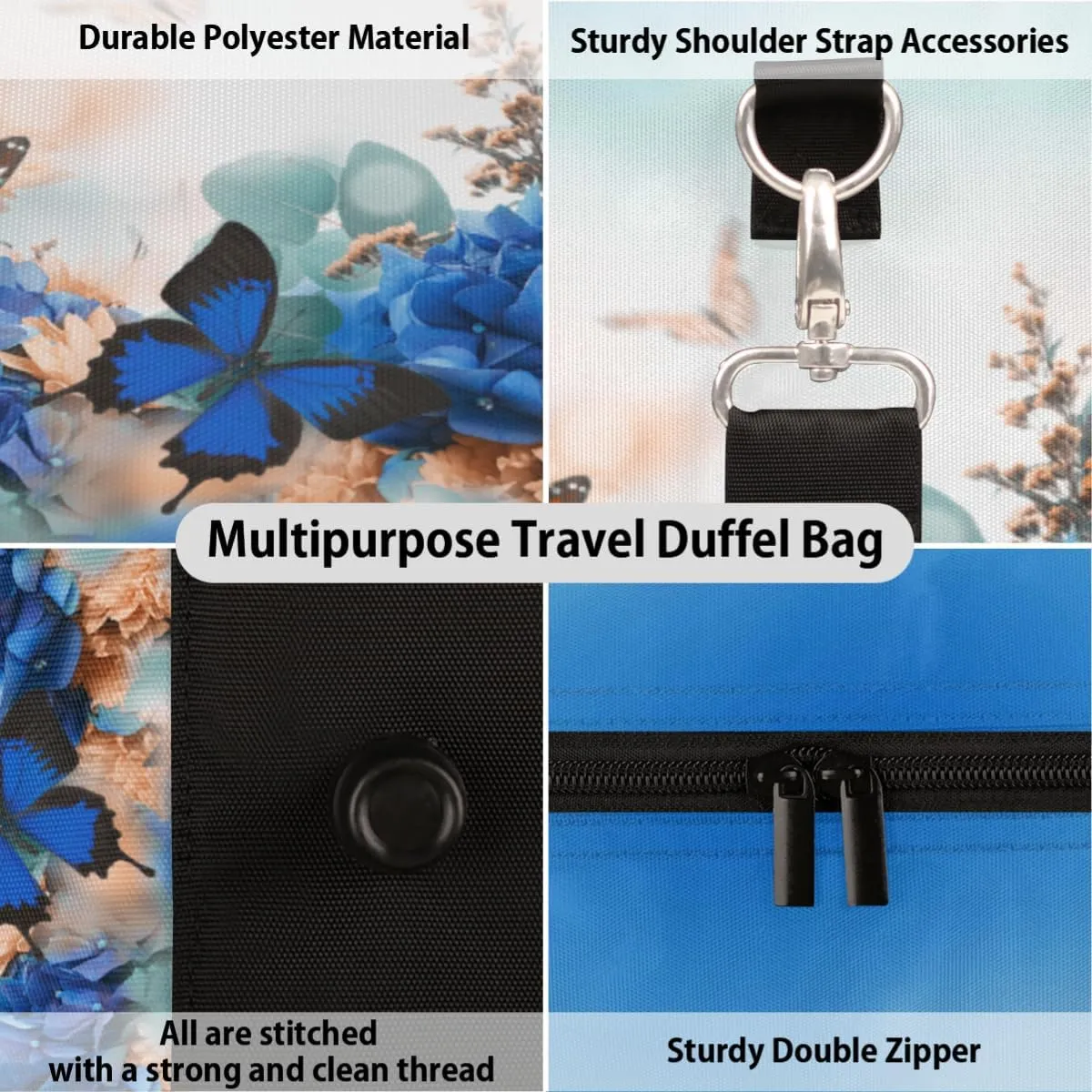 Spring Flower Travel Duffel Bag Animal Butterfly Foldable Weekender Overnight Bag Waterproof Carry on Luggage Handle Bag Sports Tote Gym Bag Workout Bag for Women Men Traveling