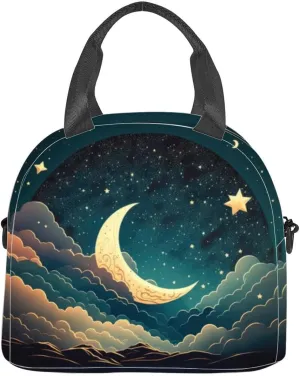 starry sky half moon scenic cloudscape Insulated Adult Lunch Bag with Shoulder Strap for Women Lightweight Reusable Portable Freezable Lunch Tote Bag for Work Picnic