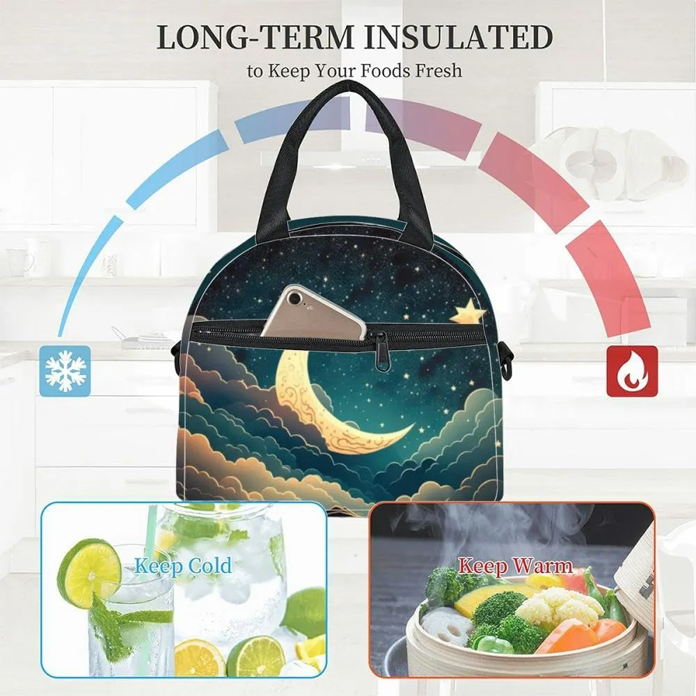 starry sky half moon scenic cloudscape Insulated Adult Lunch Bag with Shoulder Strap for Women Lightweight Reusable Portable Freezable Lunch Tote Bag for Work Picnic