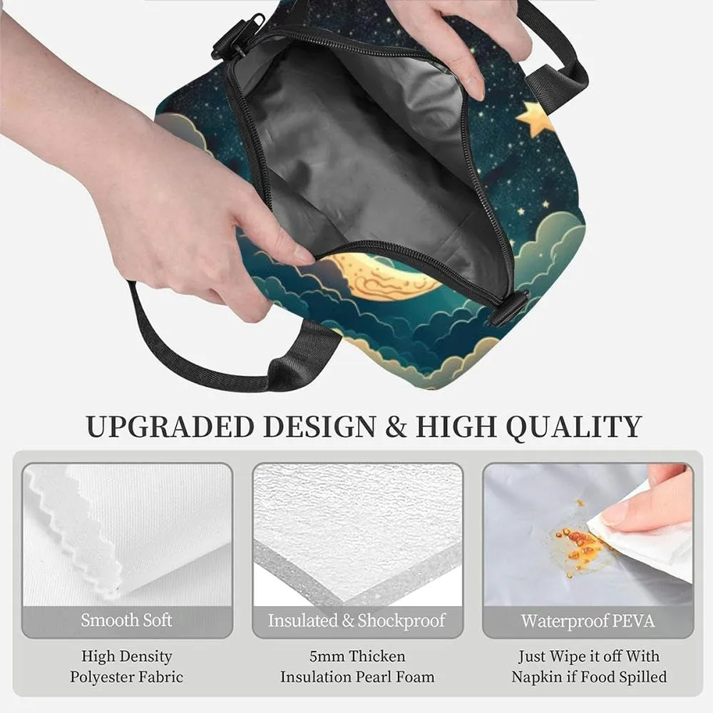 starry sky half moon scenic cloudscape Insulated Adult Lunch Bag with Shoulder Strap for Women Lightweight Reusable Portable Freezable Lunch Tote Bag for Work Picnic
