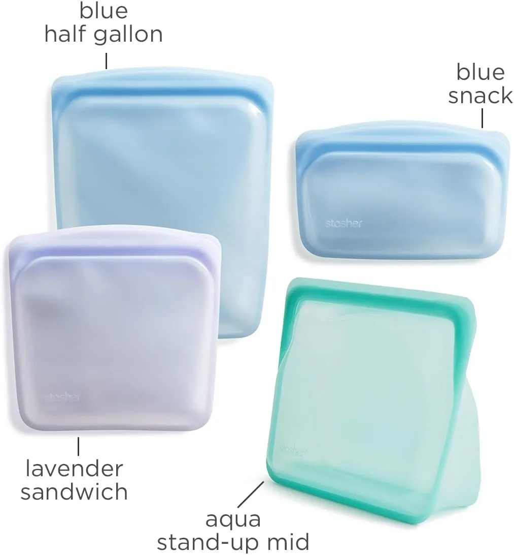 Stasher Premium Silicone Reusable Food Storage Bags, 4-Pack, Multi | Multi-Use Food Storage Bags, Lunch Bag, Travel Containers | BPA Free, Leak-free, Dishwasher-Safe, Eco-friendly