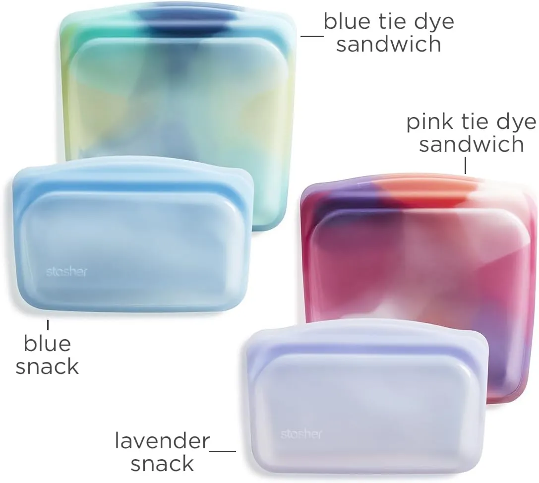 Stasher Premium Silicone Reusable Food Storage Bags, 4-Pack, Tie Dye Multi | Multi-Use Food Storage Bags, Lunch Bag, Travel Containers | BPA Free, Leak-free, Dishwasher-Safe, Eco-friendly
