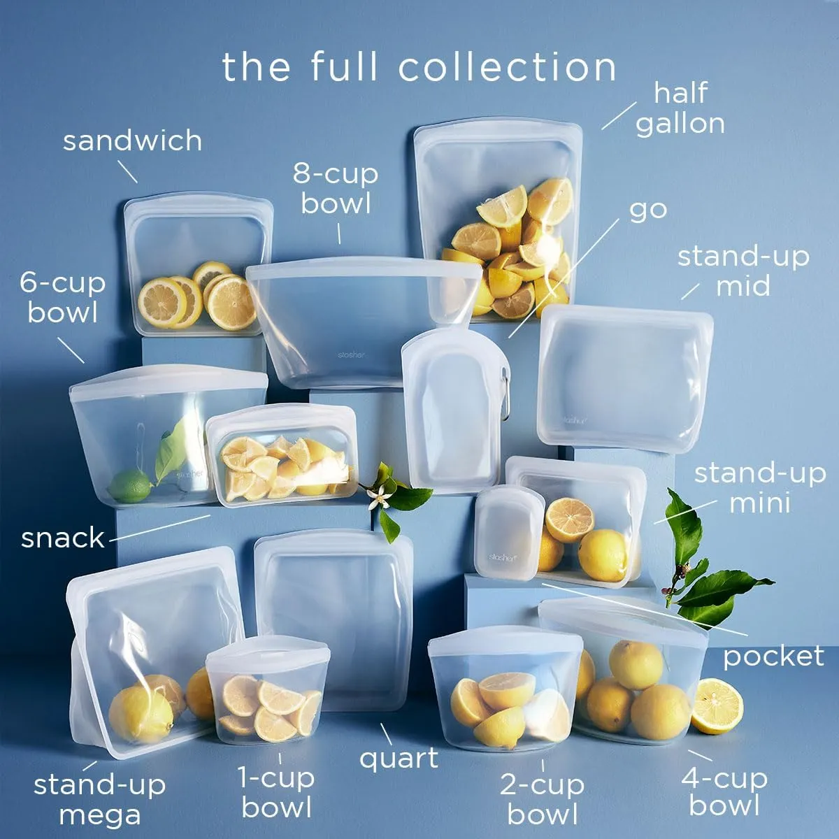 Stasher Premium Silicone Reusable Food Storage Bags, 6-Pack, Clear, Multi-Use Food Storage Bags, Lunch Bag, Travel Containers, BPA Free, Leak-free, Dishwasher-Safe, Eco-friendly