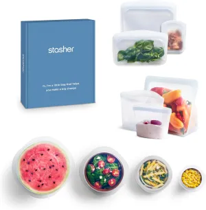 Stasher Premium Silicone Reusable Food Storage Bags and Stretch Lids 10-Pack, Clear | Airtight Seal | Food Containers & Covers, Boxed Starter Kit | BPA Free, Leak-free, Dishwasher Safe, Eco-Friendly