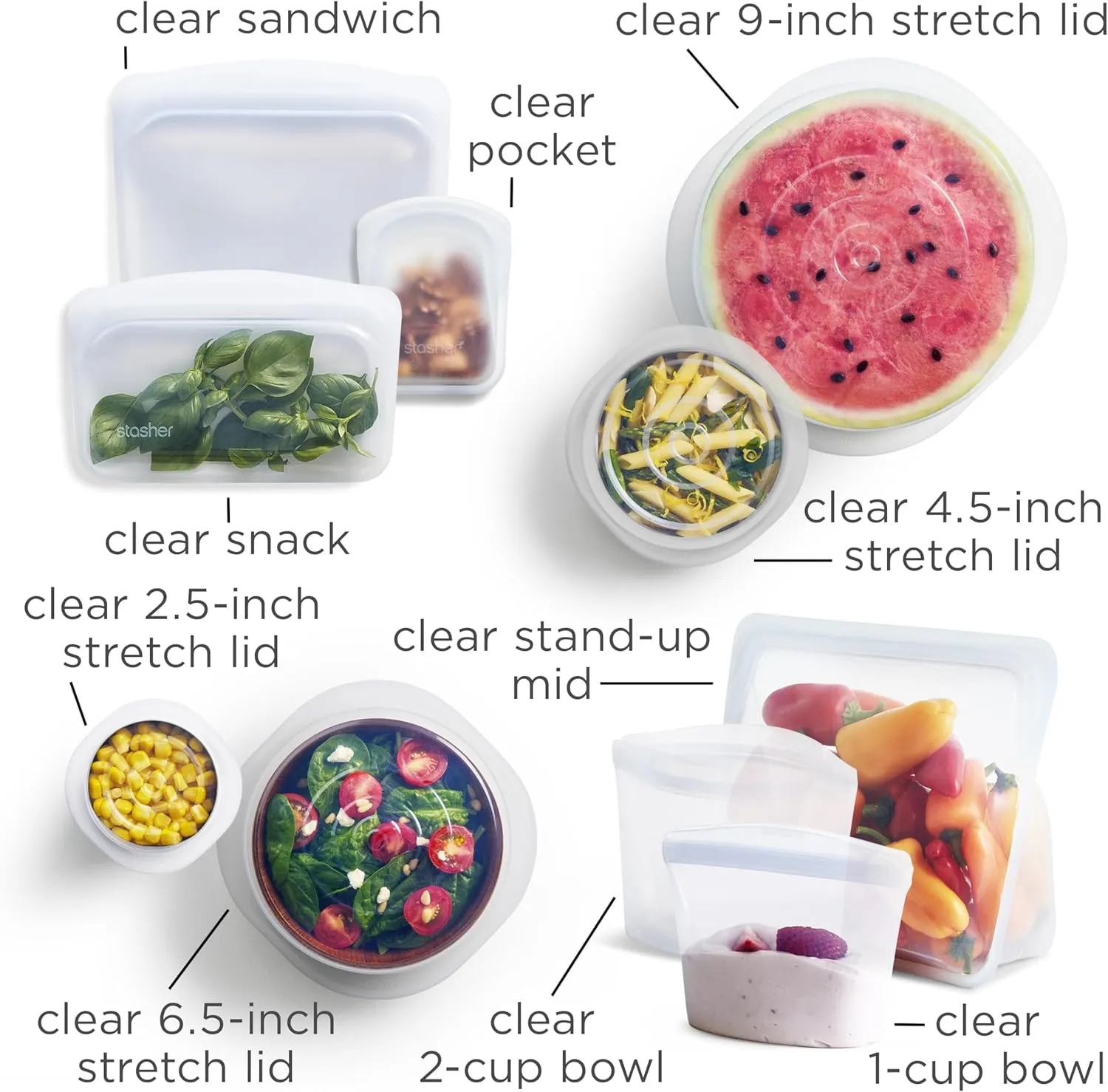 Stasher Premium Silicone Reusable Food Storage Bags and Stretch Lids 10-Pack, Clear | Airtight Seal | Food Containers & Covers, Boxed Starter Kit | BPA Free, Leak-free, Dishwasher Safe, Eco-Friendly