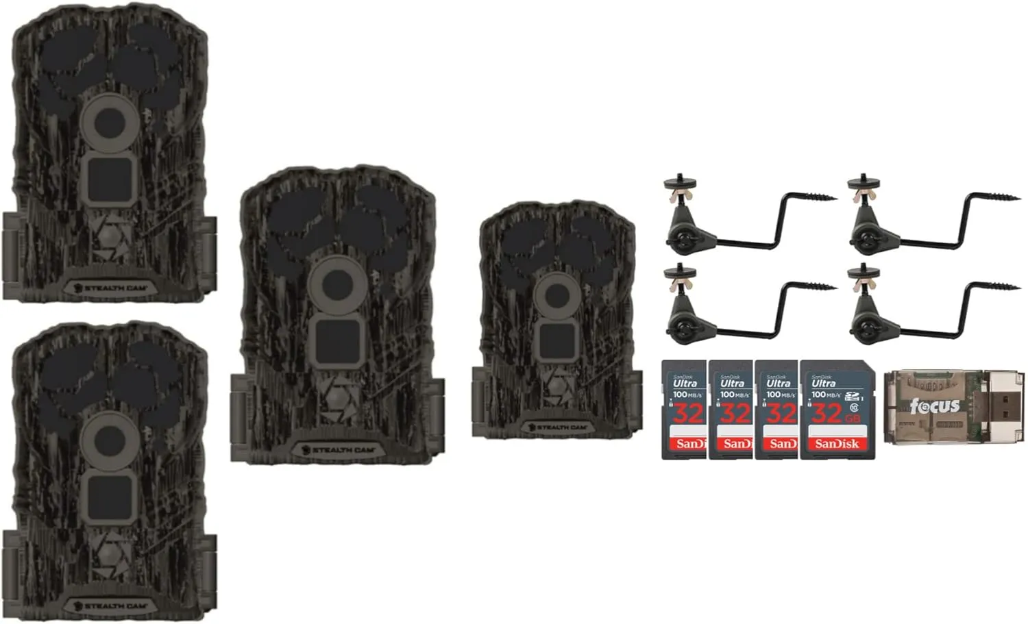 Stealth Cam Browtine 14MP Camera (4-Pack) Bundle with Trail Camera Camera Holder, Memory Card and Card Reader (11 Items)