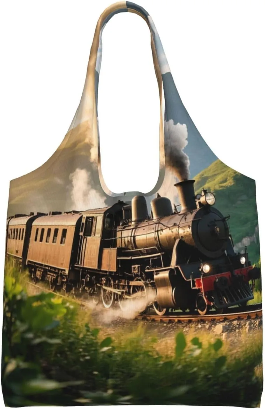 Steam Locomotive Train Print Women's Canvas Handbag,Sturdy Cotton Handbag With Patterned Shoulder Bag