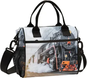 Steam Locomotive Train Vintage Lunch Bag Reusable Lunch Box for Office Picnic Hiking Beach, Insulated Cooler Tote Food Container with Adjustable Shoulder Strap for Men Women Adults