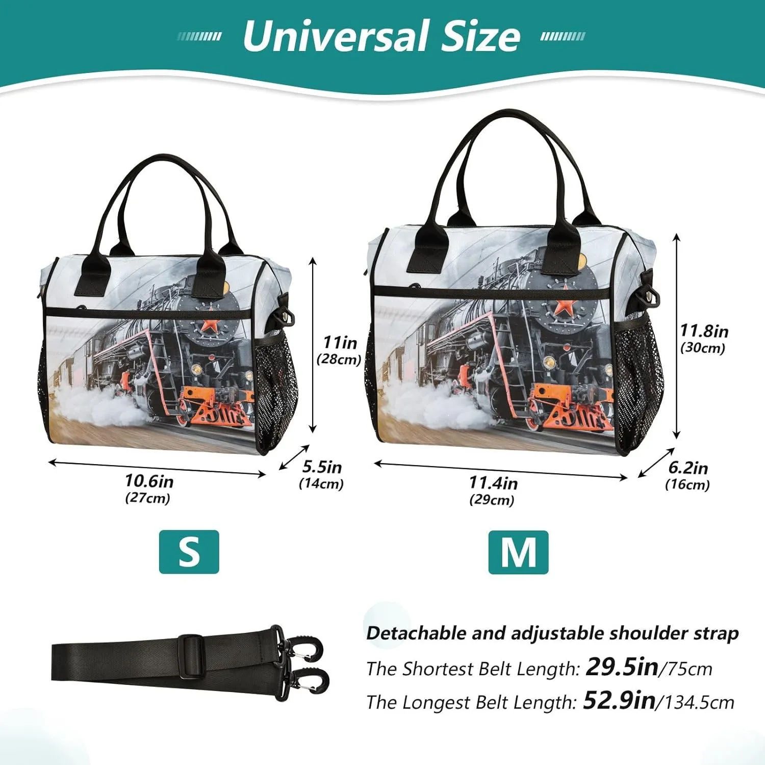 Steam Locomotive Train Vintage Lunch Bag Reusable Lunch Box for Office Picnic Hiking Beach, Insulated Cooler Tote Food Container with Adjustable Shoulder Strap for Men Women Adults