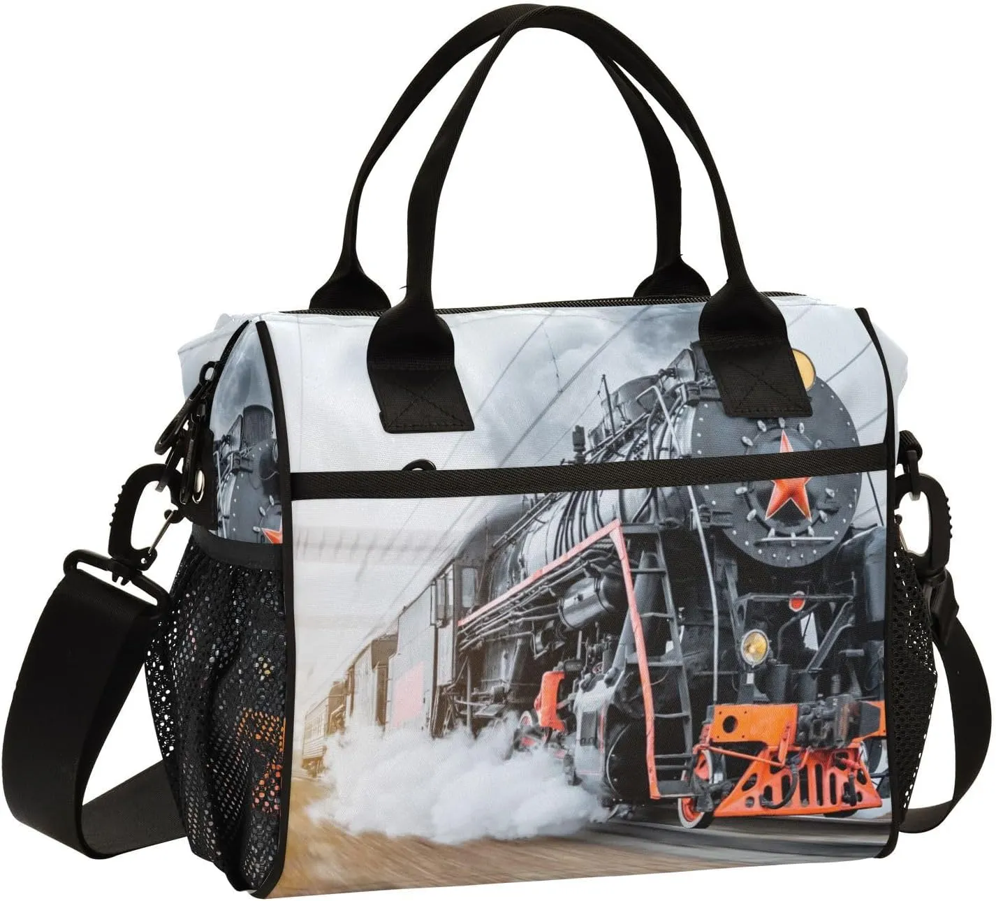 Steam Locomotive Train Vintage Lunch Bag Reusable Lunch Box for Office Picnic Hiking Beach, Insulated Cooler Tote Food Container with Adjustable Shoulder Strap for Men Women Adults