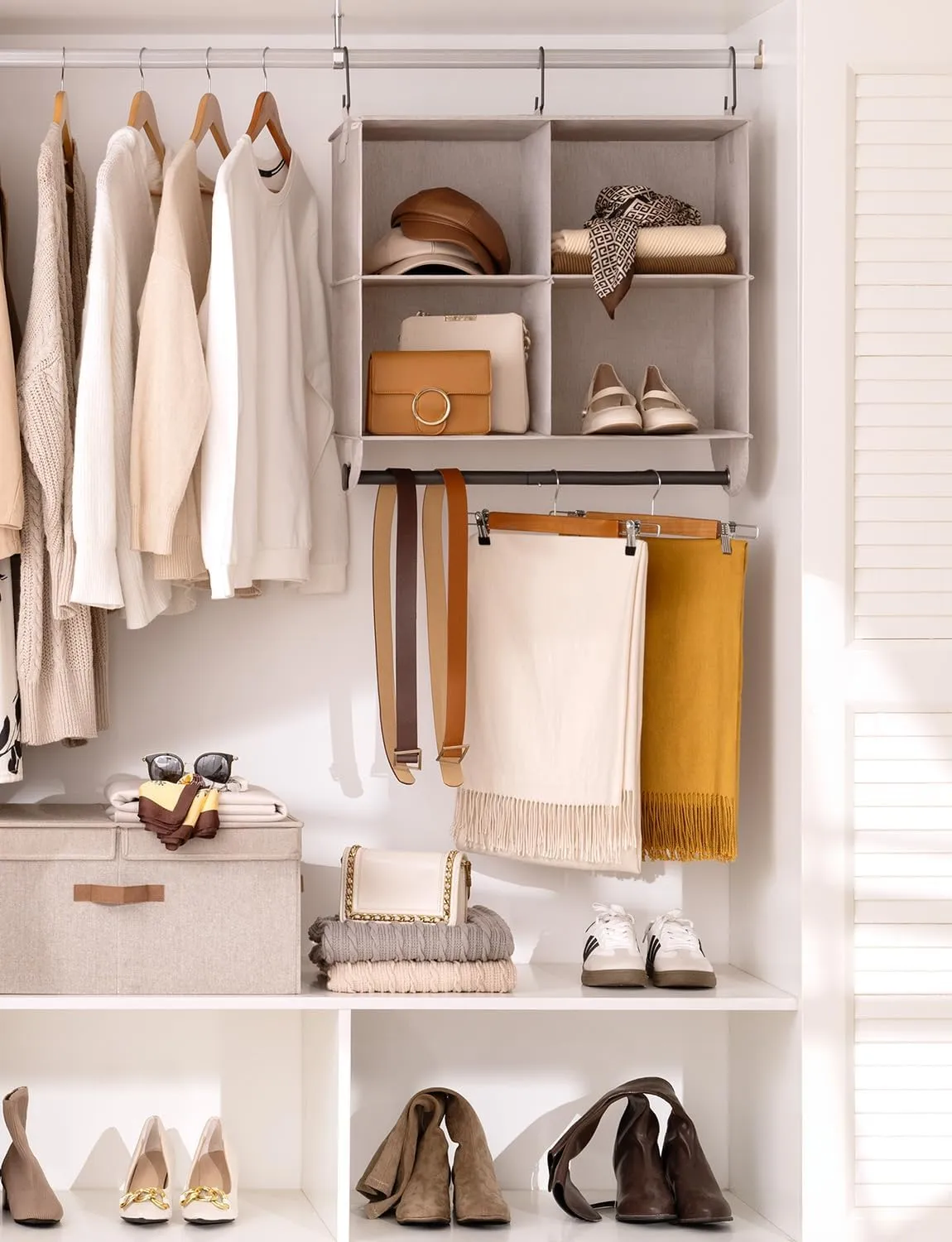 StorageWorks Hanging Closet Organizer with Garment Rod, 4-Section Clothes Storage for Closet, 12 ¼" D x 24 ½" W x 28" H, Light Khaki
