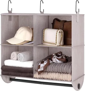 StorageWorks Hanging Closet Organizer with Garment Rod, 4-Section Clothes Storage for Closet, 12 ¼" D x 24 ½" W x 28" H, Light Khaki