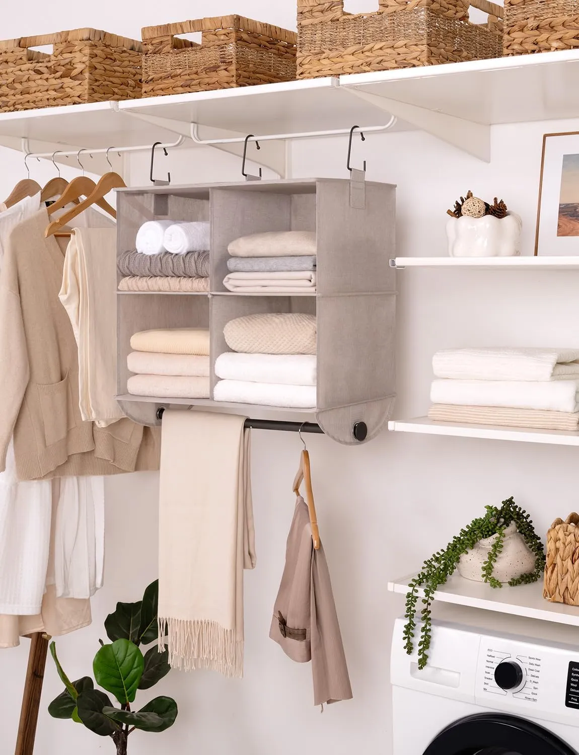 StorageWorks Hanging Closet Organizer with Garment Rod, 4-Section Clothes Storage for Closet, 12 ¼" D x 24 ½" W x 28" H, Light Khaki