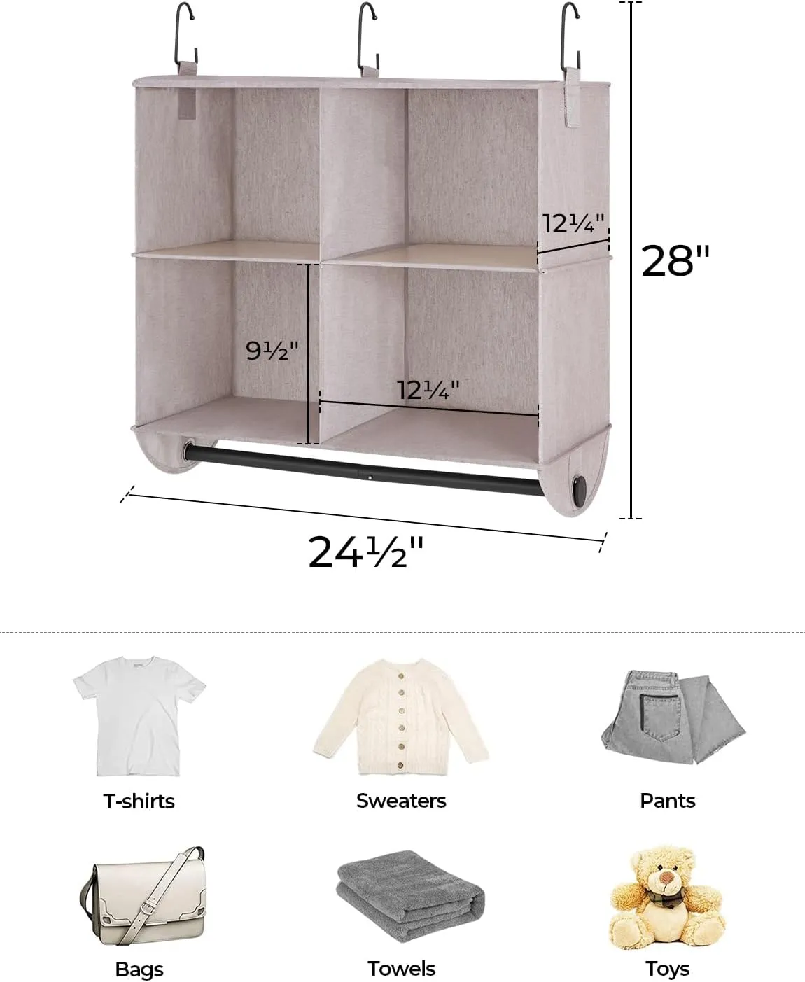 StorageWorks Hanging Closet Organizer with Garment Rod, 4-Section Clothes Storage for Closet, 12 ¼" D x 24 ½" W x 28" H, Light Khaki