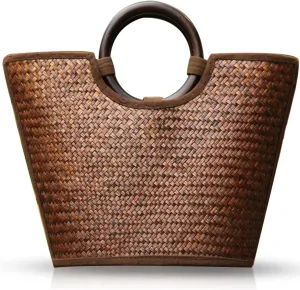 Straw Bag for Women, Summer Beach Handmade Rattan Tote Bag, Round Wooden Handle, Boho Retro Straw Woven Handbag, Large Beach Bag for Vacation (Brown)