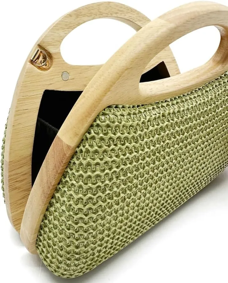 Straw Clutch Bag Beach Bags For Women Rattan Purses Handbags Evening Bag Summer Straw Crossbody Bag Purse Wooden Top-Handle