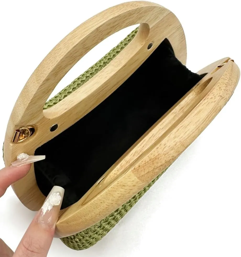 Straw Clutch Bag Beach Bags For Women Rattan Purses Handbags Evening Bag Summer Straw Crossbody Bag Purse Wooden Top-Handle