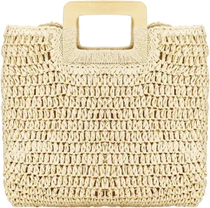 Straw Tote Bag with Wooden Handle Women Hobo Woven Handbag Summer Beach Travel (Beige)