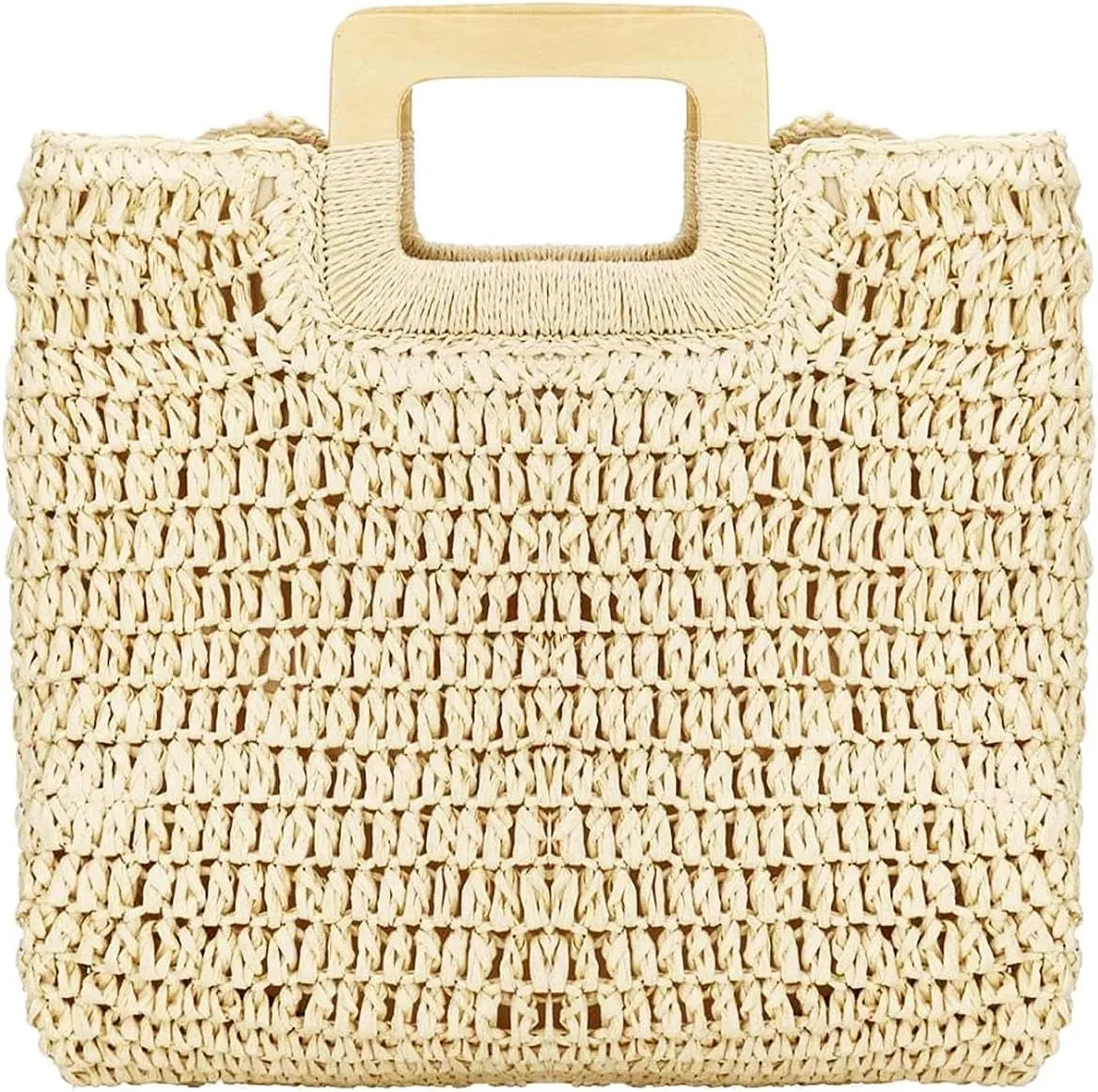 Straw Tote Bag with Wooden Handle Women Hobo Woven Handbag Summer Beach Travel (Beige)