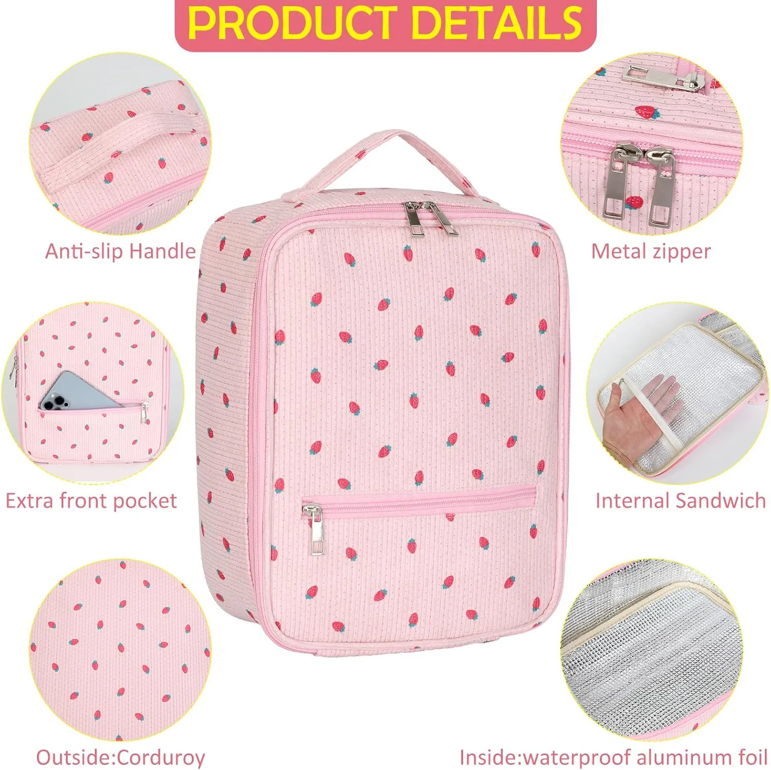 Strawberry Lunch Bag for Women,Cute Reusable Tote Handbags Corduroy Box,Leakproof Thermal Cooler Large Capacity Lunchbox for Work Travel Picnic