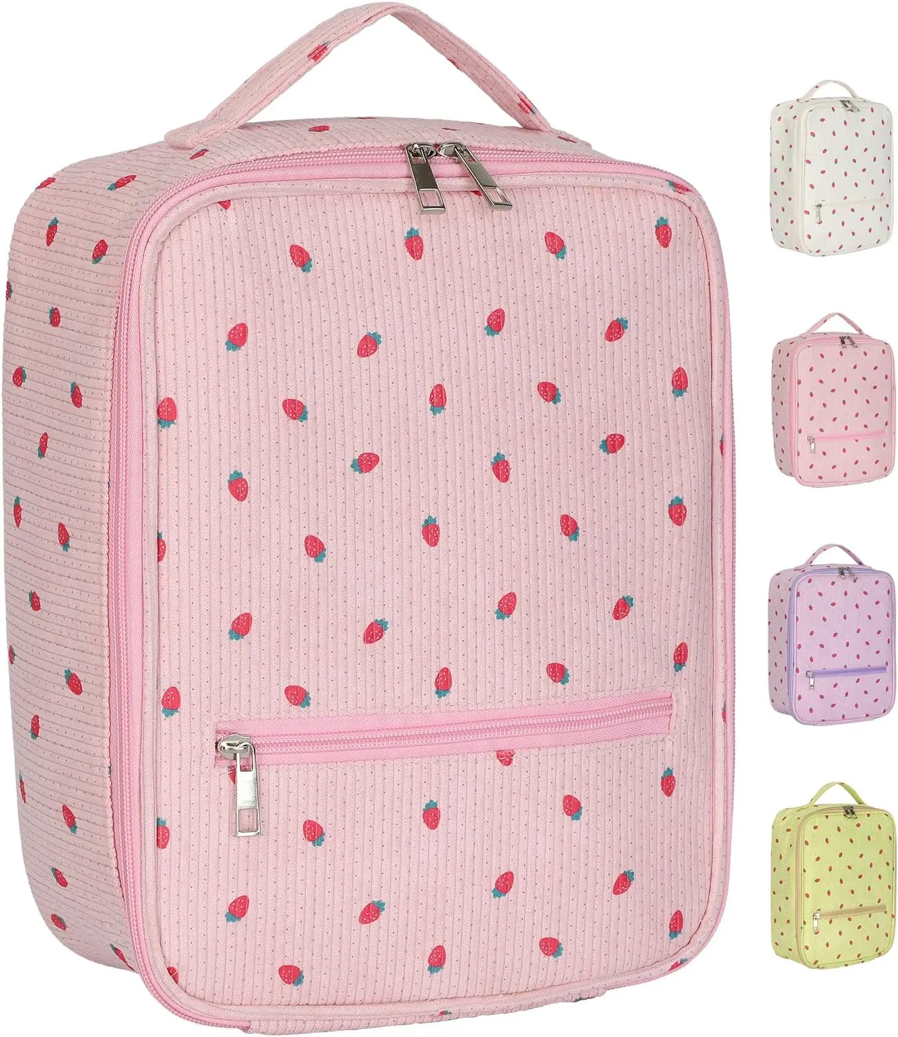 Strawberry Lunch Bag for Women,Cute Reusable Tote Handbags Corduroy Box,Leakproof Thermal Cooler Large Capacity Lunchbox for Work Travel Picnic