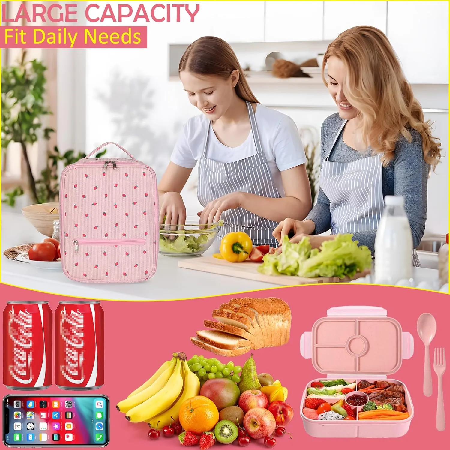 Strawberry Lunch Bag for Women,Cute Reusable Tote Handbags Corduroy Box,Leakproof Thermal Cooler Large Capacity Lunchbox for Work Travel Picnic