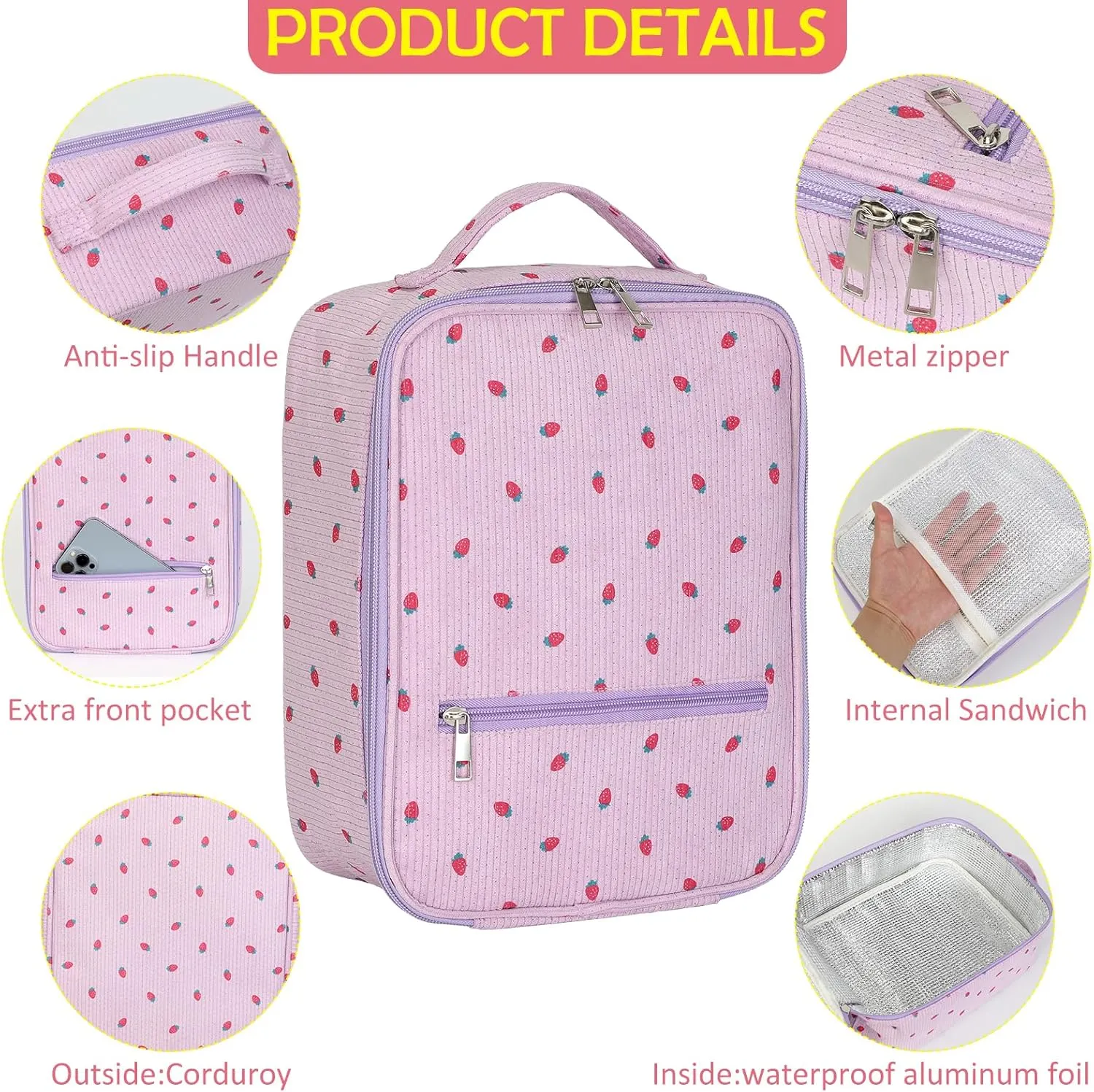 Strawberry Lunch Bag for Women,Cute Reusable Tote Handbags Corduroy Box,Leakproof Thermal Cooler Large Capacity Lunchbox for Work Travel Picnic