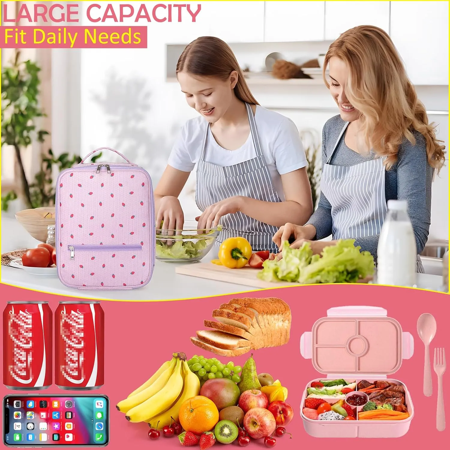 Strawberry Lunch Bag for Women,Cute Reusable Tote Handbags Corduroy Box,Leakproof Thermal Cooler Large Capacity Lunchbox for Work Travel Picnic