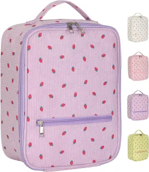 Strawberry Lunch Bag for Women,Cute Reusable Tote Handbags Corduroy Box,Leakproof Thermal Cooler Large Capacity Lunchbox for Work Travel Picnic