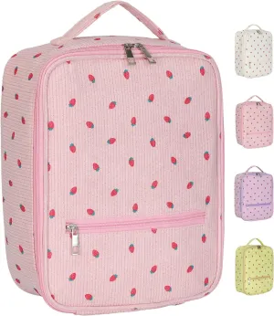 Strawberry Lunch Bag for Women,Cute Reusable Tote Handbags Corduroy Box,Leakproof Thermal Cooler Large Capacity Lunchbox for Work Travel Picnic