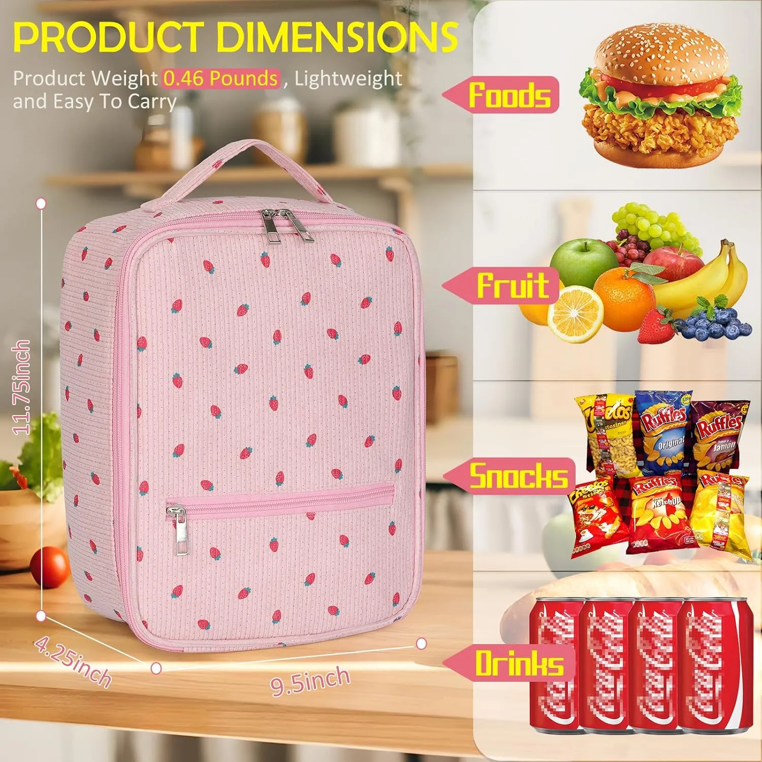 Strawberry Lunch Bag for Women,Cute Reusable Tote Handbags Corduroy Box,Leakproof Thermal Cooler Large Capacity Lunchbox for Work Travel Picnic