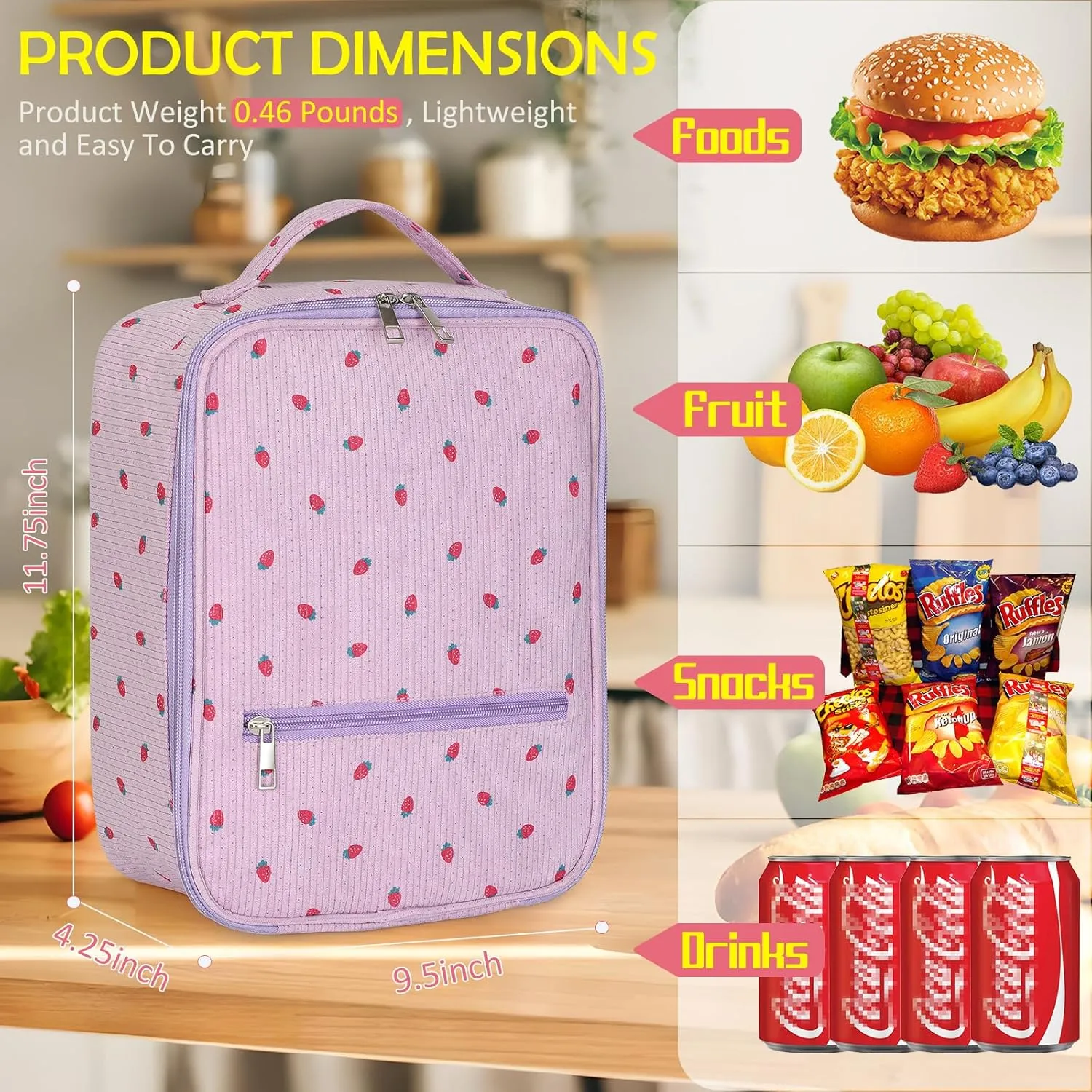 Strawberry Lunch Bag for Women,Cute Reusable Tote Handbags Corduroy Box,Leakproof Thermal Cooler Large Capacity Lunchbox for Work Travel Picnic