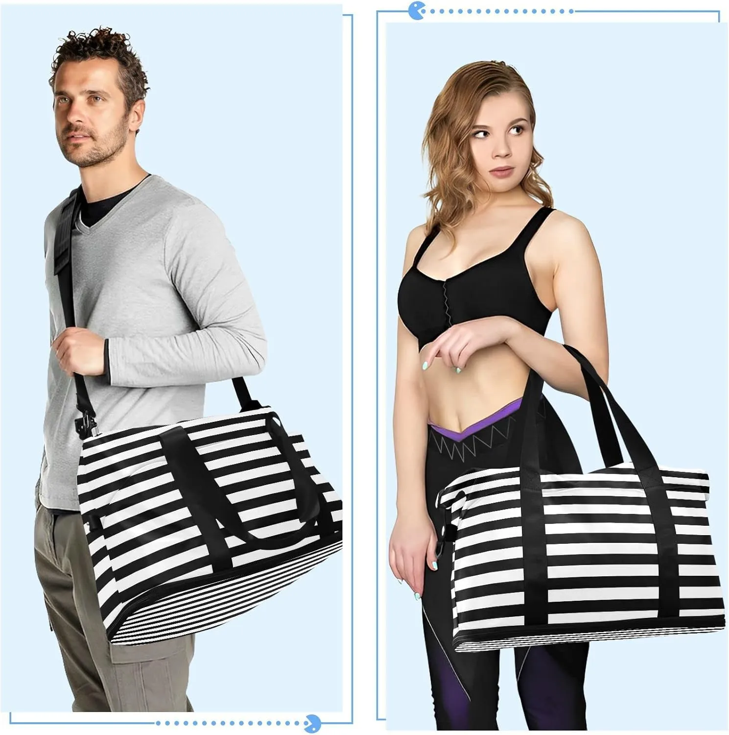 Striped Sport Tote Bag for Women,Gym Bag Black White Stripe Duffle Bag with Shoe Compartment and Wet Pocket
