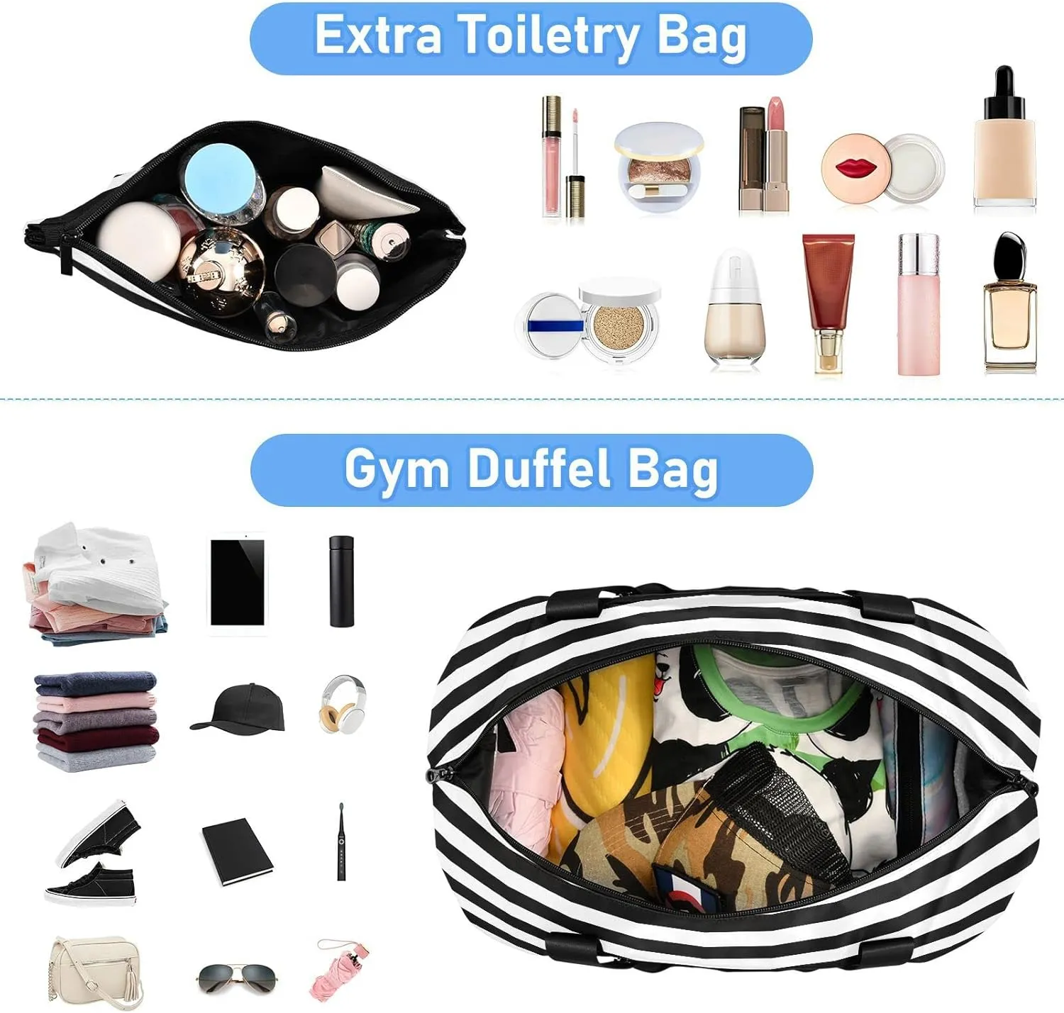 Striped Sport Tote Bag for Women,Gym Bag Black White Stripe Duffle Bag with Shoe Compartment and Wet Pocket