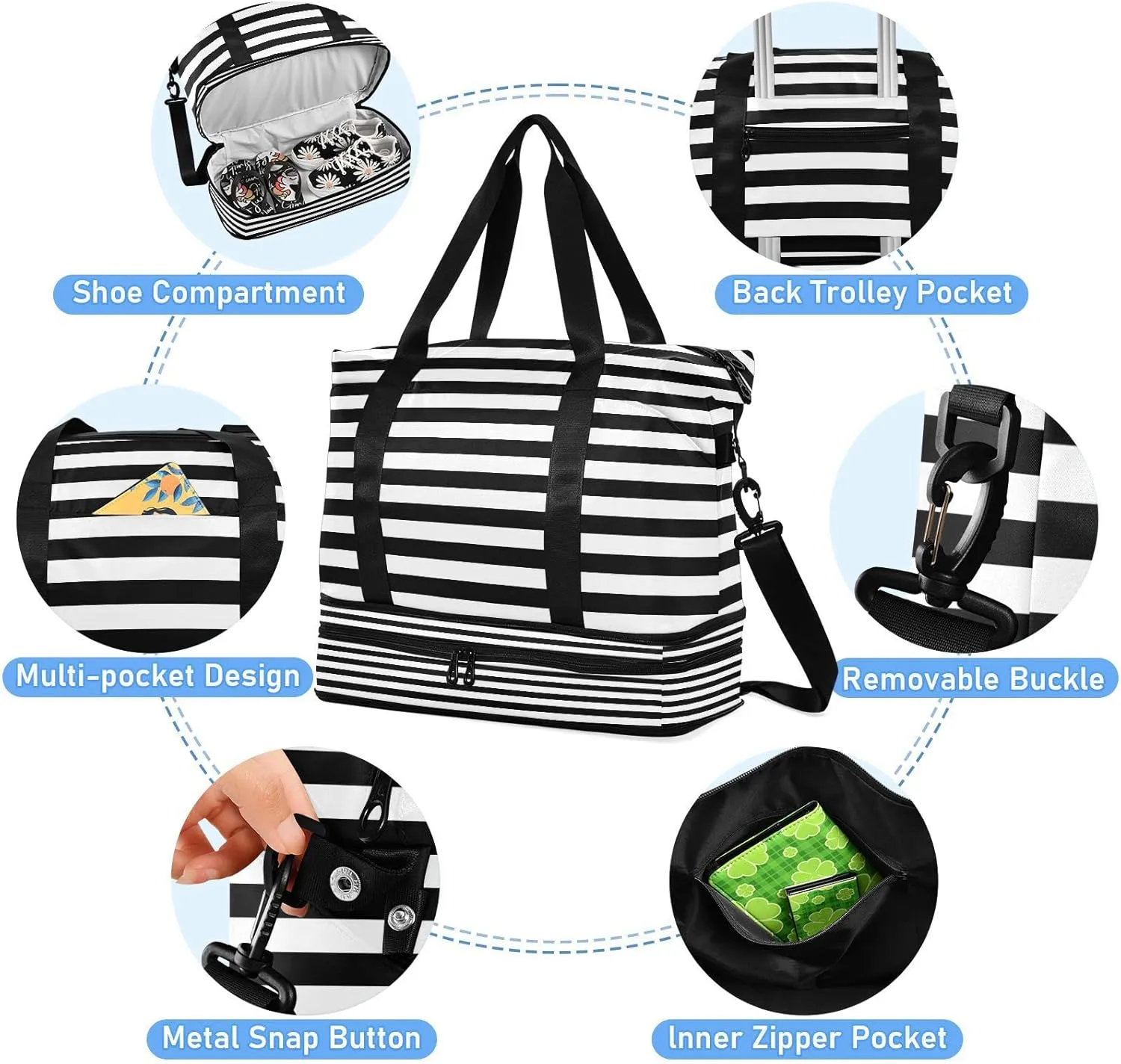 Striped Sport Tote Bag for Women,Gym Bag Black White Stripe Duffle Bag with Shoe Compartment and Wet Pocket