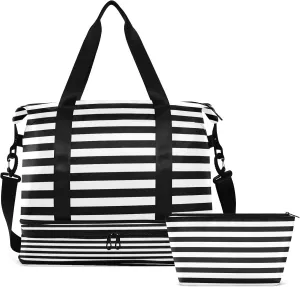 Striped Sport Tote Bag for Women,Gym Bag Black White Stripe Duffle Bag with Shoe Compartment and Wet Pocket