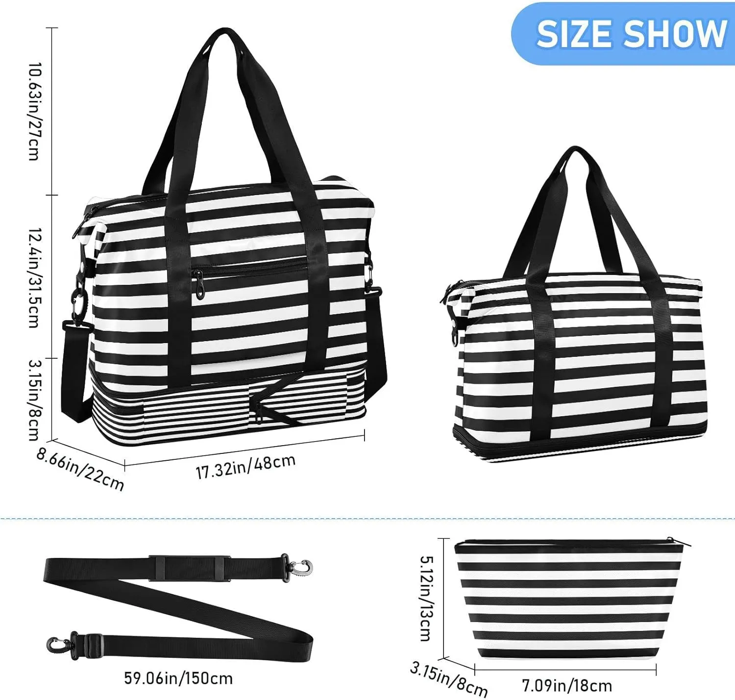 Striped Sport Tote Bag for Women,Gym Bag Black White Stripe Duffle Bag with Shoe Compartment and Wet Pocket