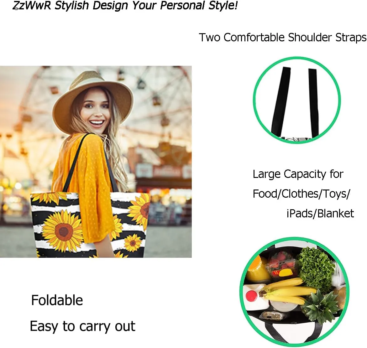 Stylish Funny Pattern Extra Large Shoulder Tote Bag for Beach Travel Weekender Gym Grocery Shopping