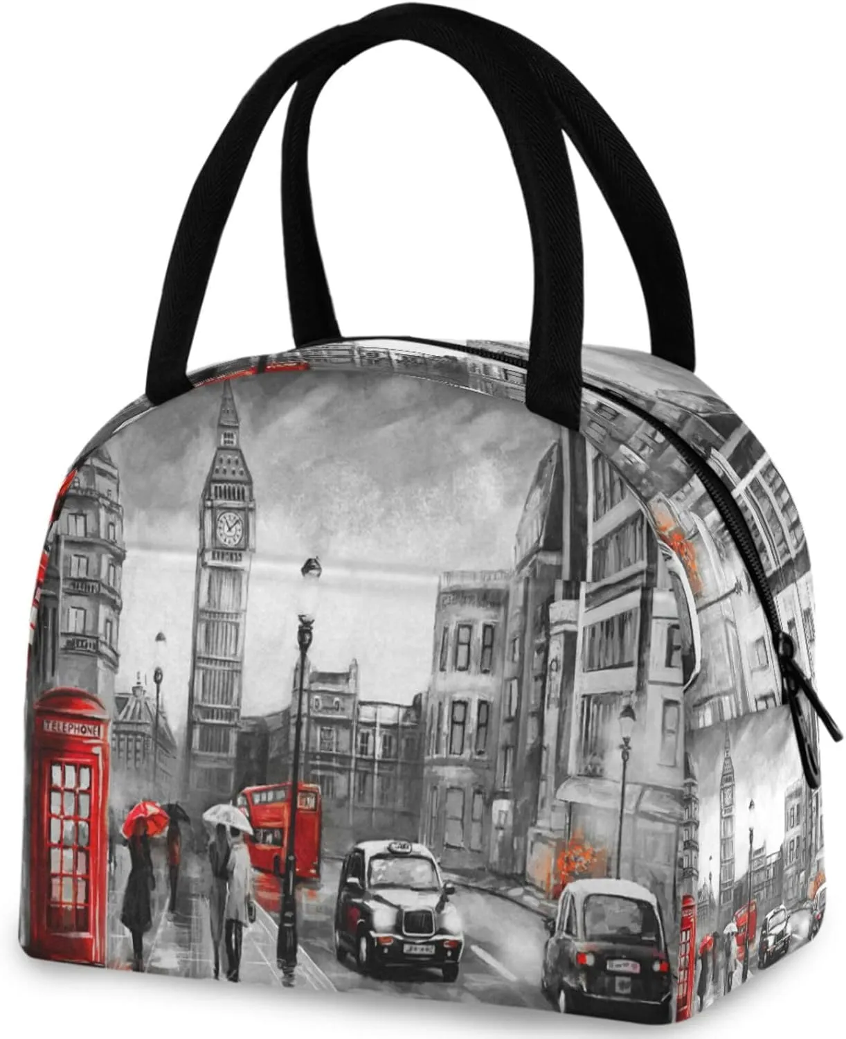 Stylish London Street View Big Ben Reusable Lunch Tote Bag with Front Pocket Zipper Closure Insulated Thermal Cooler Container Bag for Man Women Work Picnic Travel Beach Fishing