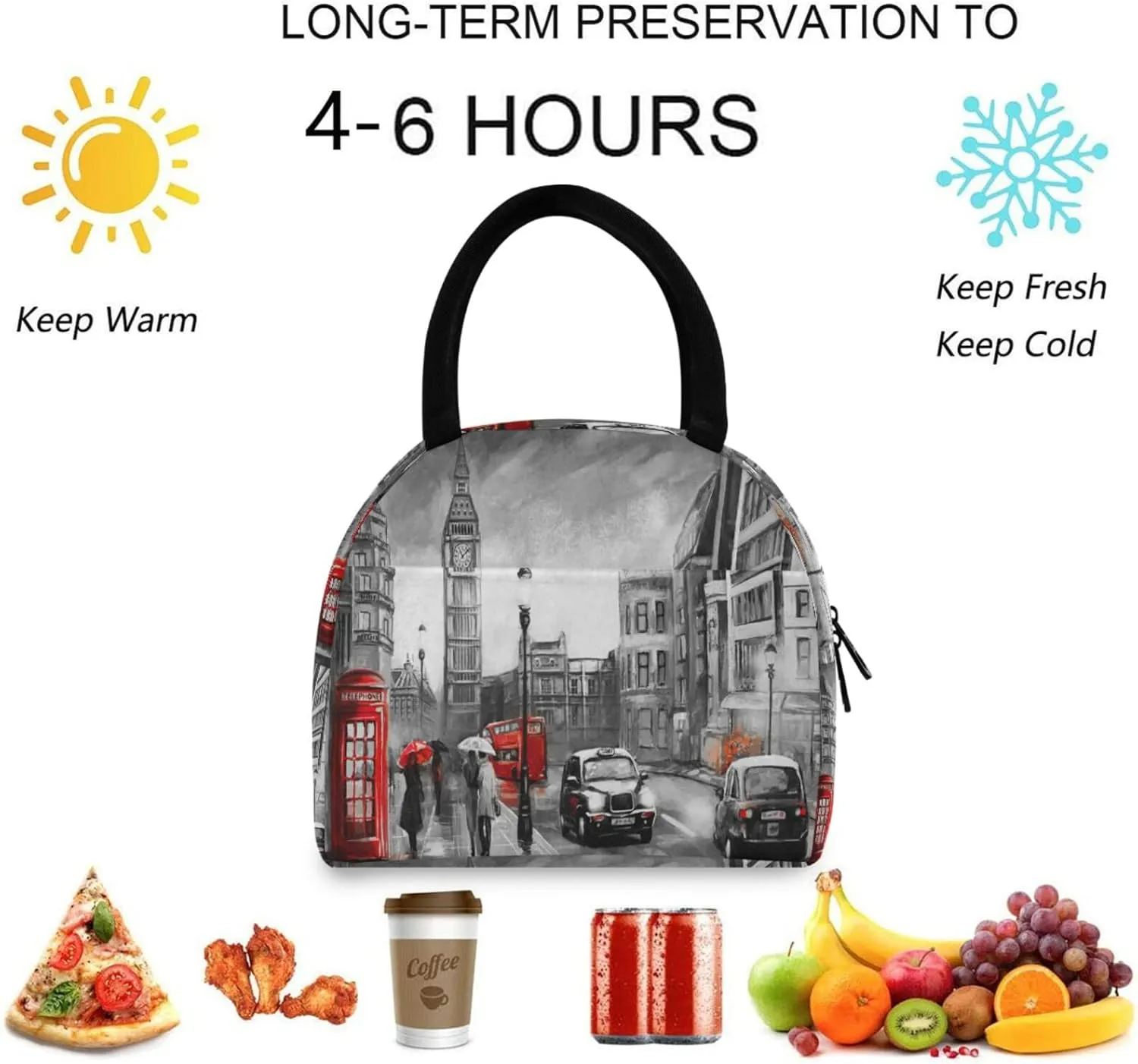 Stylish London Street View Big Ben Reusable Lunch Tote Bag with Front Pocket Zipper Closure Insulated Thermal Cooler Container Bag for Man Women Work Picnic Travel Beach Fishing