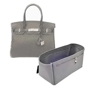 Suedette Leather Double-Zip Style Bag and Purse Organizer in Dark Gray Compatible for the Designer Bag Birkin 30, 35, and 40