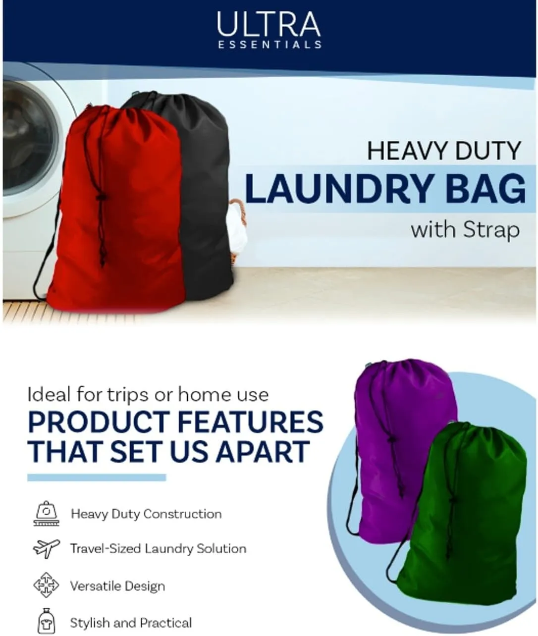 Summer Camp Laundry Bag, Heavy Duty w/Shoulder Strap, 22" x 28", Child Size, Small for Cruise, Water Resistant, Holds 2 Loads or 35 lbs, Dorm, Store Blankets, Yarn, Fabric & Clothes (BLACK)