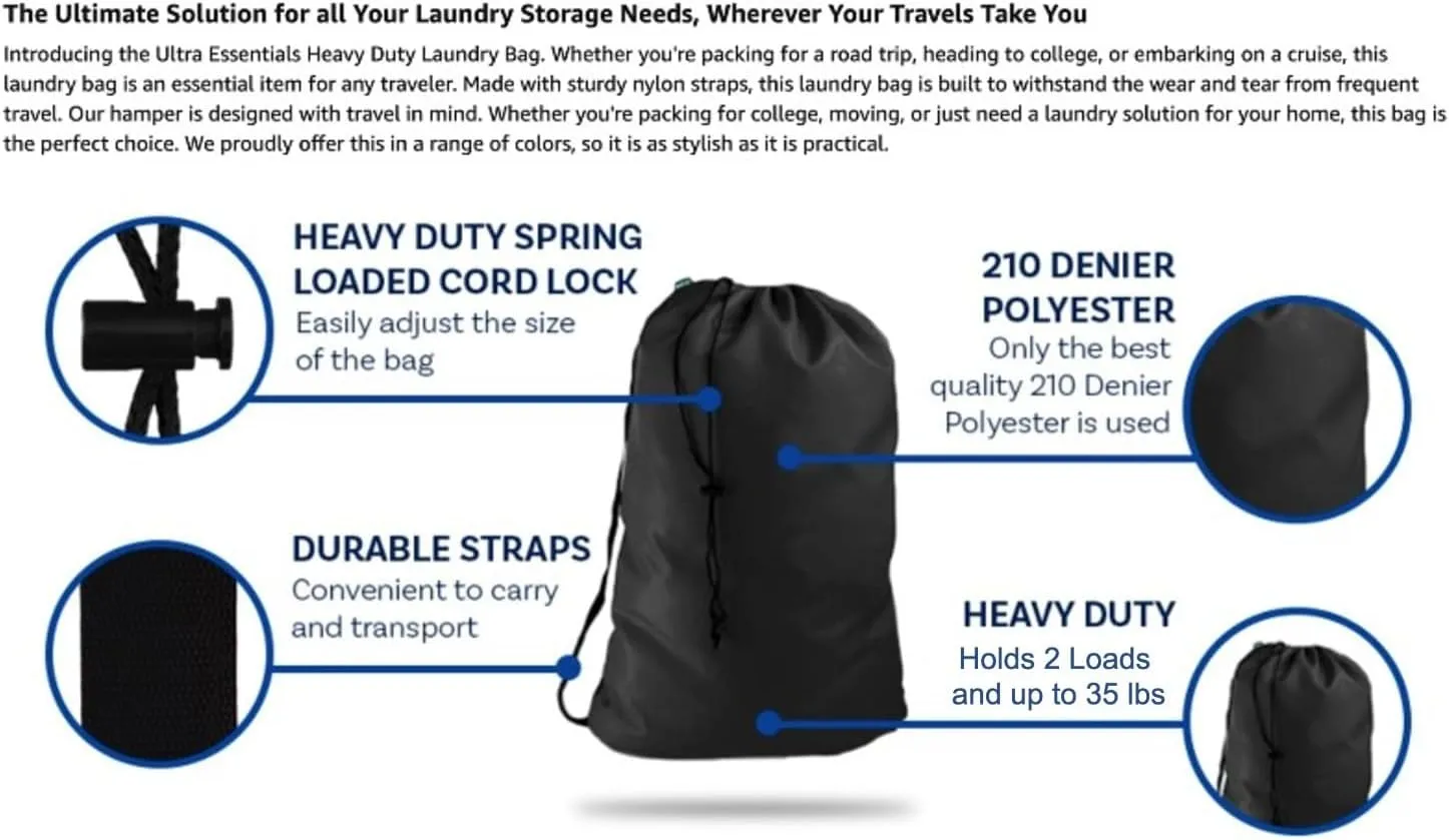Summer Camp Laundry Bag, Heavy Duty w/Shoulder Strap, 22" x 28", Child Size, Small for Cruise, Water Resistant, Holds 2 Loads or 35 lbs, Dorm, Store Blankets, Yarn, Fabric & Clothes (BLACK)