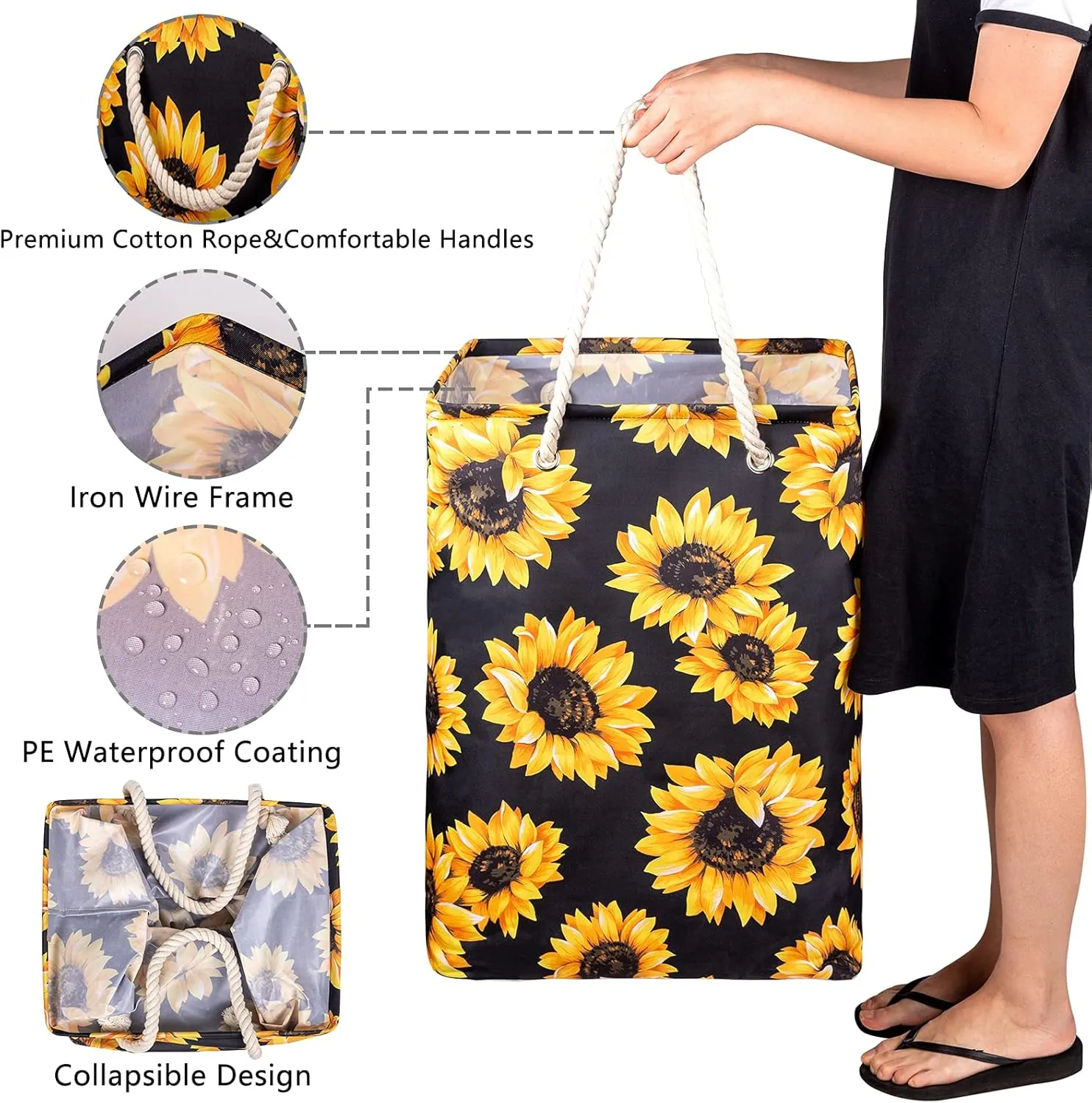 Sunflowers Laundry Hamper, 78L Large Collapsible Tall Laundry Basket Waterproof Dirty Clothes Bag with Cotton Ropes Handles Washing Storage Bin for Clothes, Toys, Nursery, Bedroom, Bathroom, College