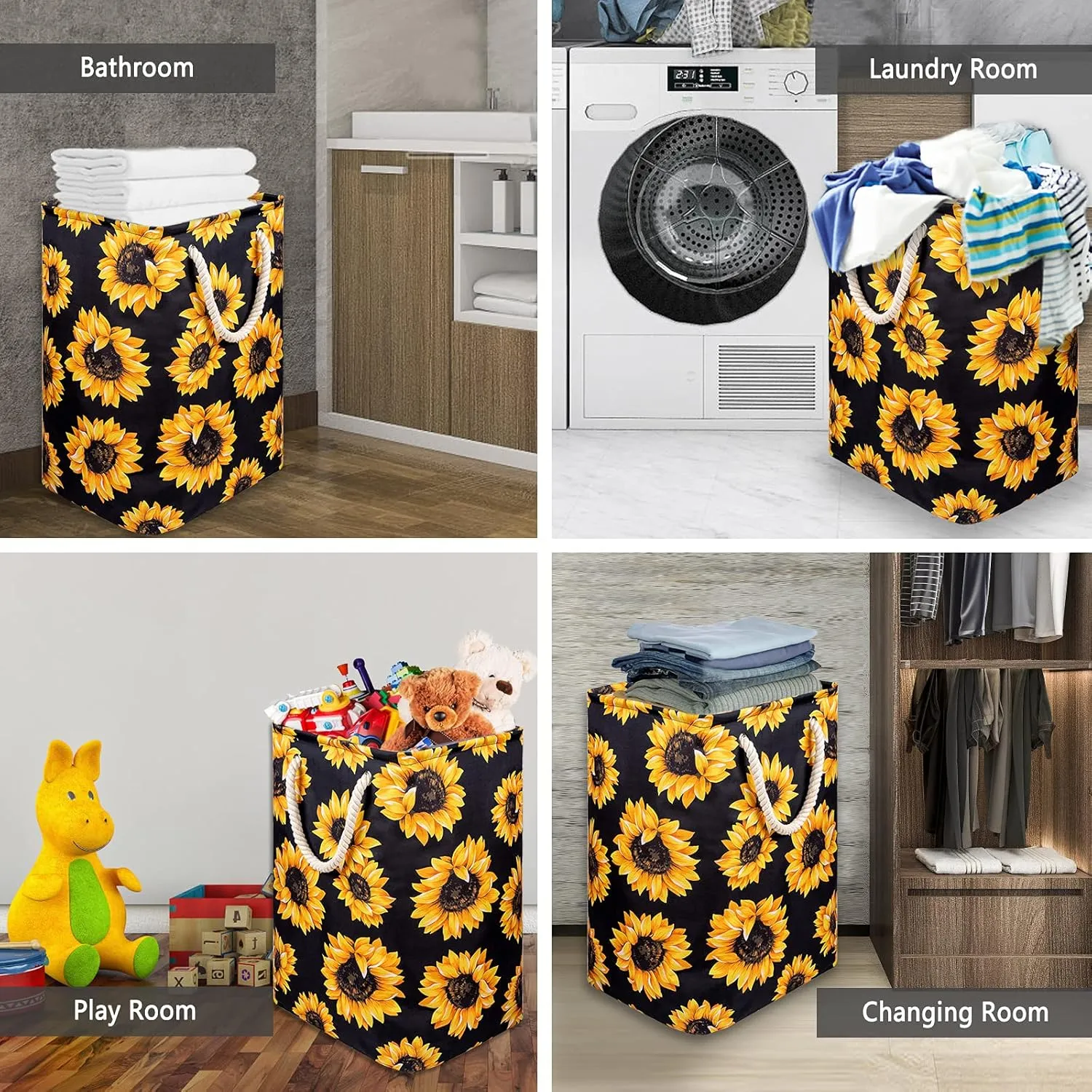 Sunflowers Laundry Hamper, 78L Large Collapsible Tall Laundry Basket Waterproof Dirty Clothes Bag with Cotton Ropes Handles Washing Storage Bin for Clothes, Toys, Nursery, Bedroom, Bathroom, College