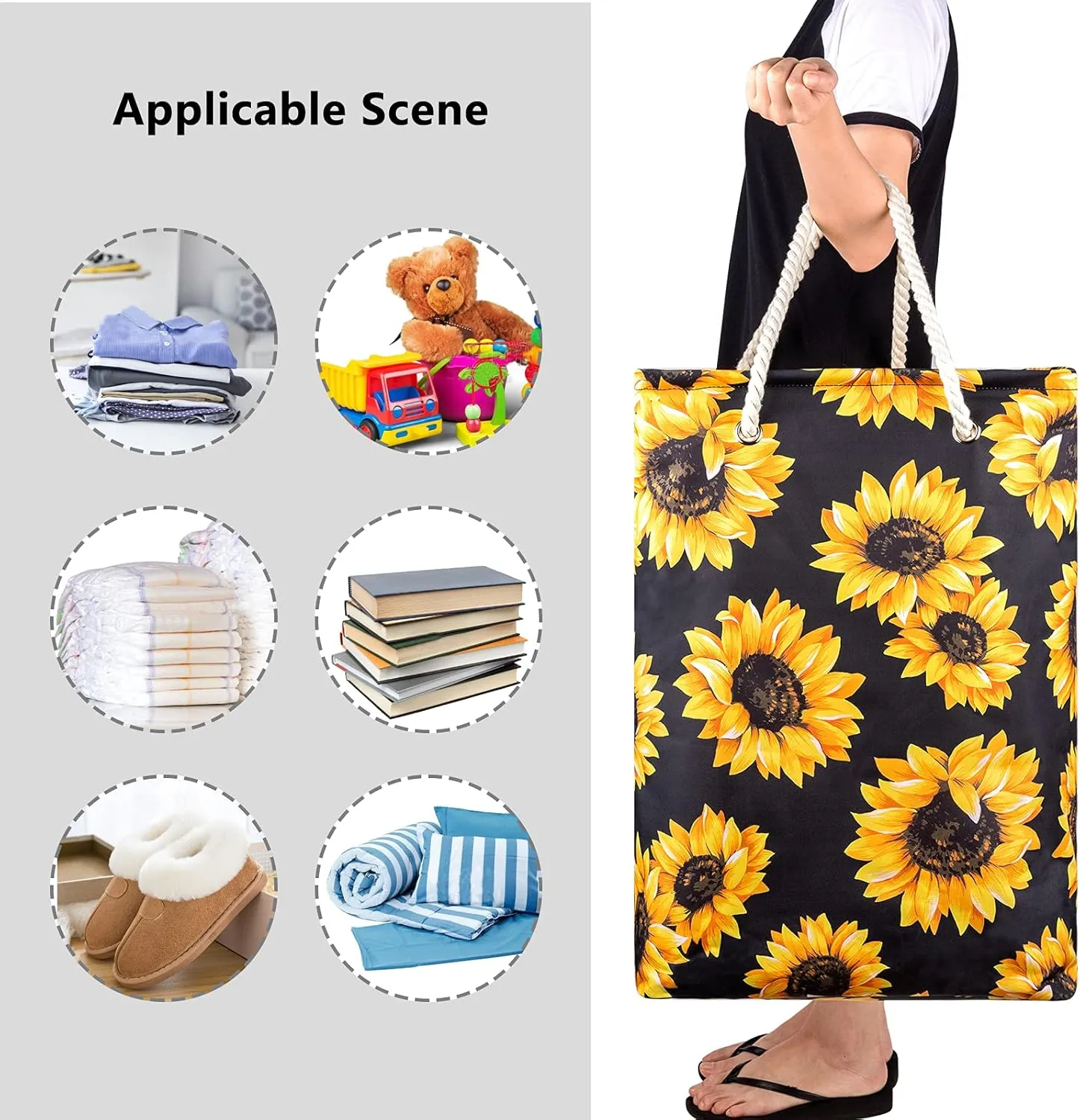 Sunflowers Laundry Hamper, 78L Large Collapsible Tall Laundry Basket Waterproof Dirty Clothes Bag with Cotton Ropes Handles Washing Storage Bin for Clothes, Toys, Nursery, Bedroom, Bathroom, College