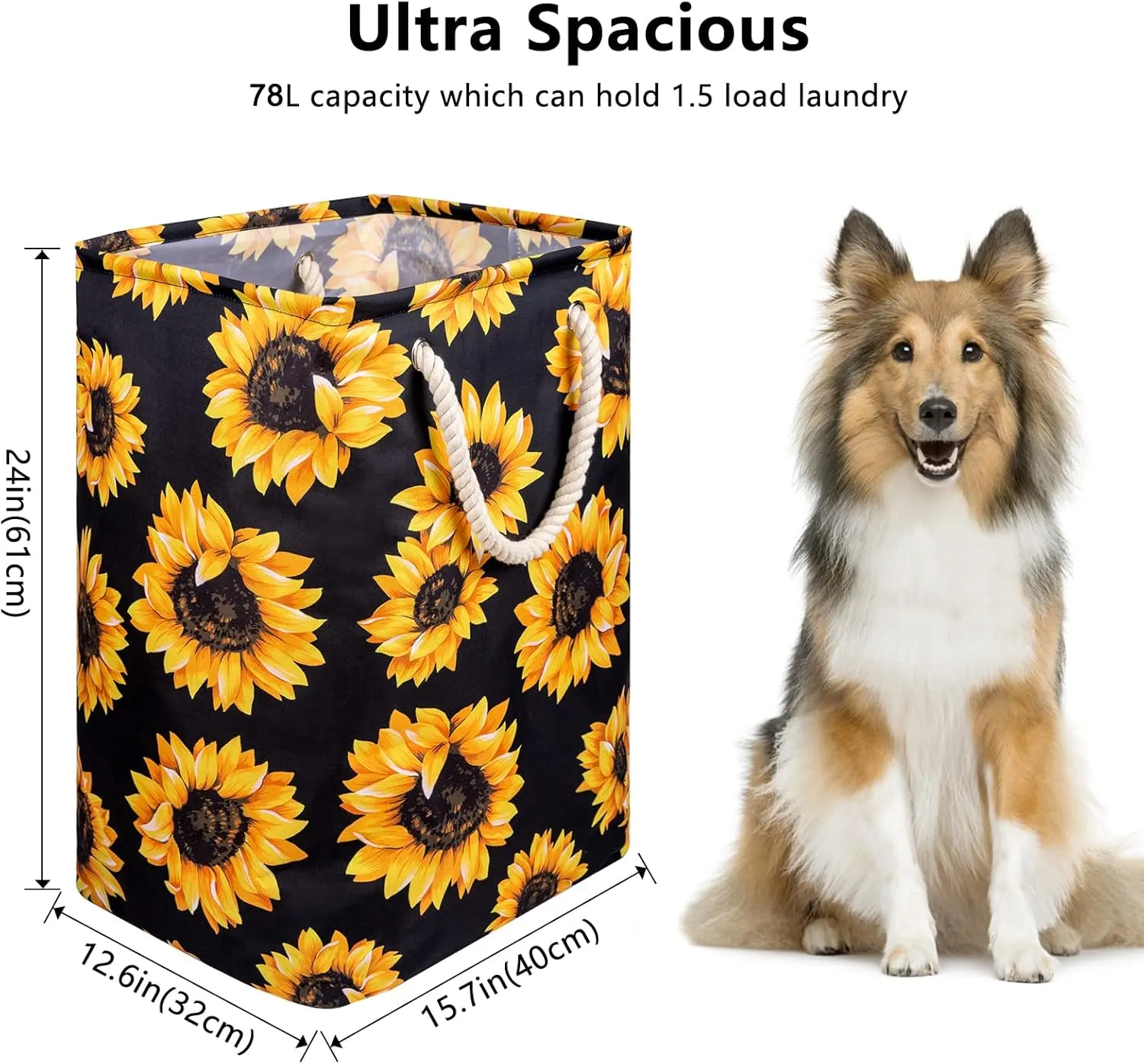 Sunflowers Laundry Hamper, 78L Large Collapsible Tall Laundry Basket Waterproof Dirty Clothes Bag with Cotton Ropes Handles Washing Storage Bin for Clothes, Toys, Nursery, Bedroom, Bathroom, College