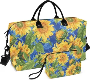 Sunflowers on Blue Field Design in The Style Of Gossamer Fabrics Greg Hildebrandt Vibrant Sensati Travel Duffle Bag,Large Weekender Travel Bag for Women Men Waterproof Luggage Bag with Trolley Slee